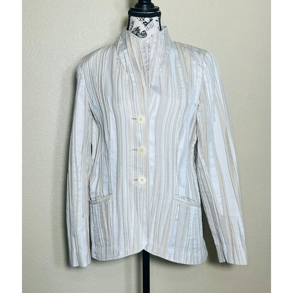 Lafayette 148 New York Textured Cotton Khaki Ivory Blazer 10 $695 Quiet Luxury